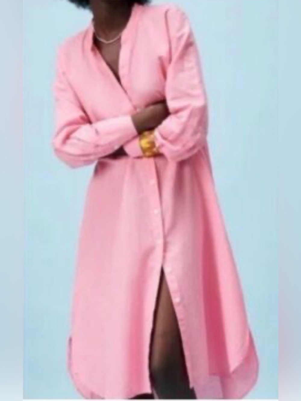 Zara - Pink Button Down Long Sleeve Oversized Lightweight Midi Dress Size Small